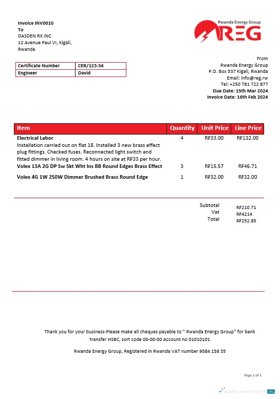 Rwanda Energy Group electricity business utility bill template in Word and PDF formats